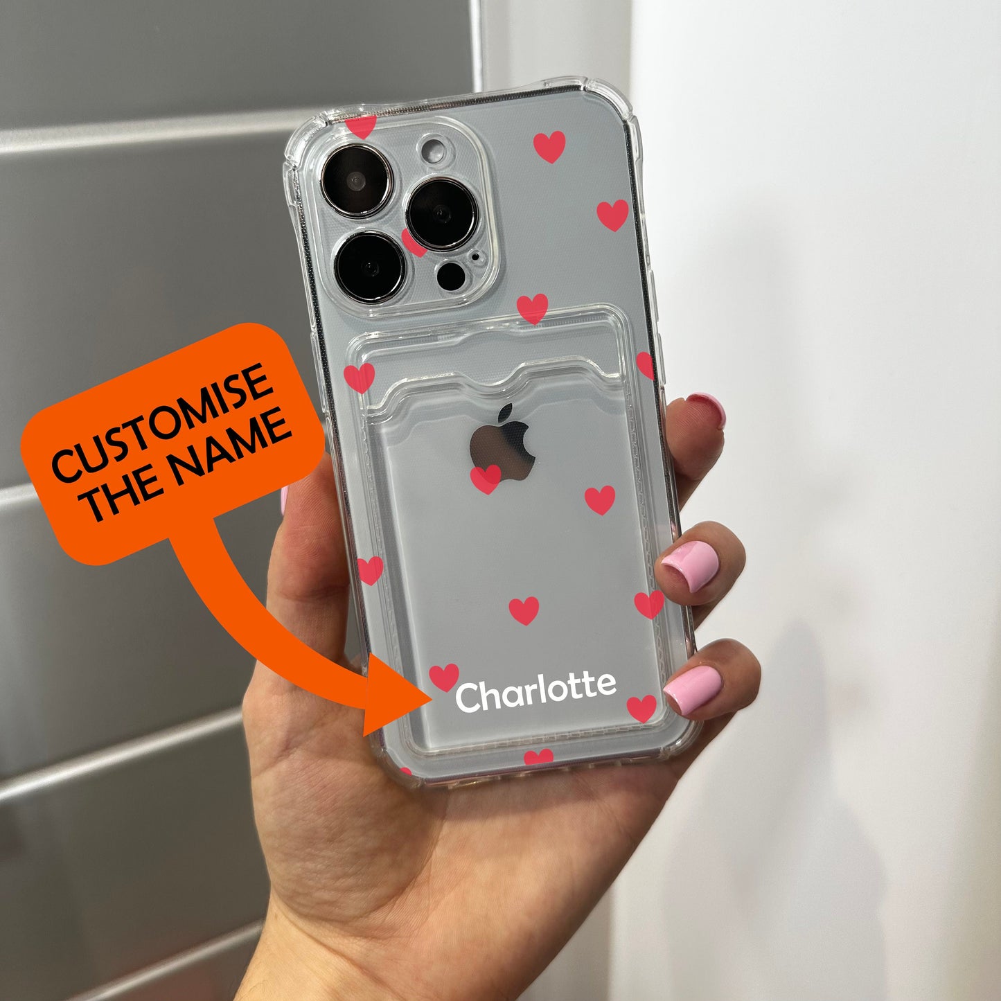 Red Heart Card Holder Phone Case for iPhone 17 16 15 14 13 12 11 11 Pro Max Mini 7 8 XR XS X Wallet Shockproof Phone Cover with Custom Name