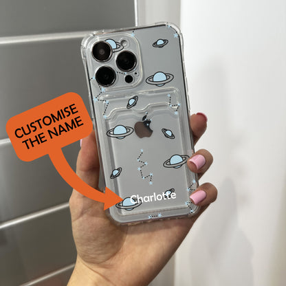 Space Star Print Card Holder Phone Case for iPhone 17 16 15 14 13 12 11 11 Pro Max Mini 7 8 XR XS X Shockproof Phone Cover Customised Name