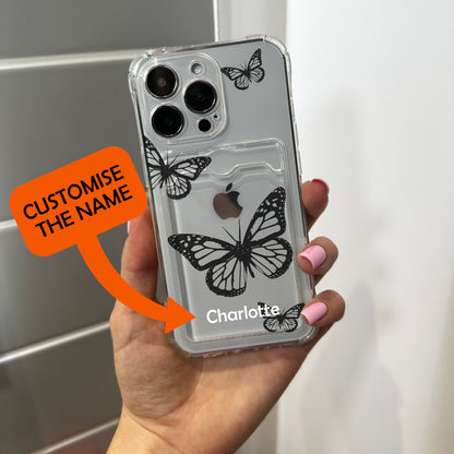 Butterfy Card Holder Phone Case for iPhone 17 16 15 14 13 12 11 11 Pro Max Mini 7 8 XR XS X Wallet Shockproof Phone Cover Customised Name