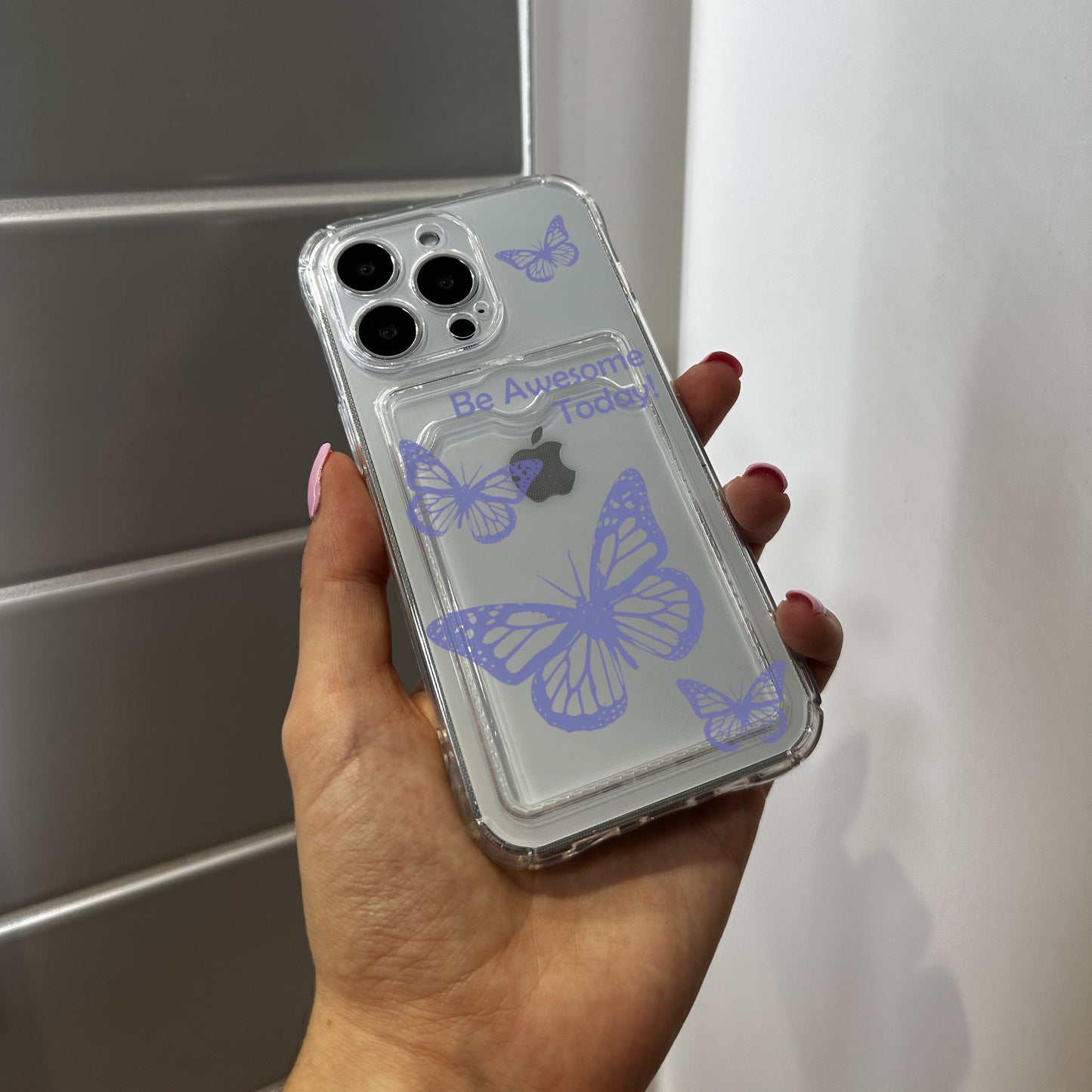 Purple Butterfly Positivity Personalised Card Holder Phone Case for iPhone 15 14 13 12 11 11 Pro Max Mini 7 8 XR XS X Shockproof Phone Cover