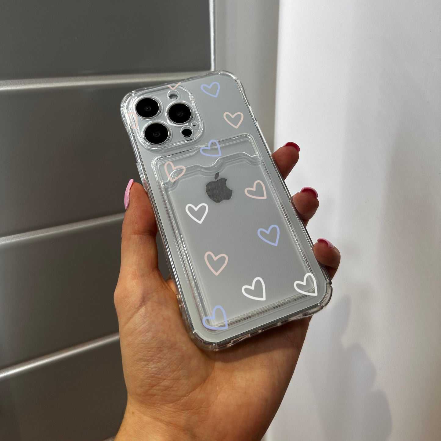 Pastel Heart Clear Card Holder Phone Case for iPhone 17 16 15 14 13 12 11 11 Pro Max Mini 7 8 XR X Shockproof Phone Cover with Custom Name