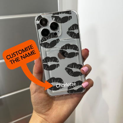 Lip Kiss Card Holder Phone Case for iPhone 17 16 15 14 13 12 11 11 Pro Max Mini 7 8 XR XS X Wallet Shockproof Phone Cover with Custom Name