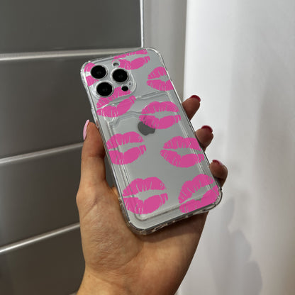 Pink Lips Card Holder Phone Case for iPhone 17 16 15 14 13 12 11 11 Pro Max Mini 7 8 XR XS X Wallet Shockproof Phone Cover with Custom Name