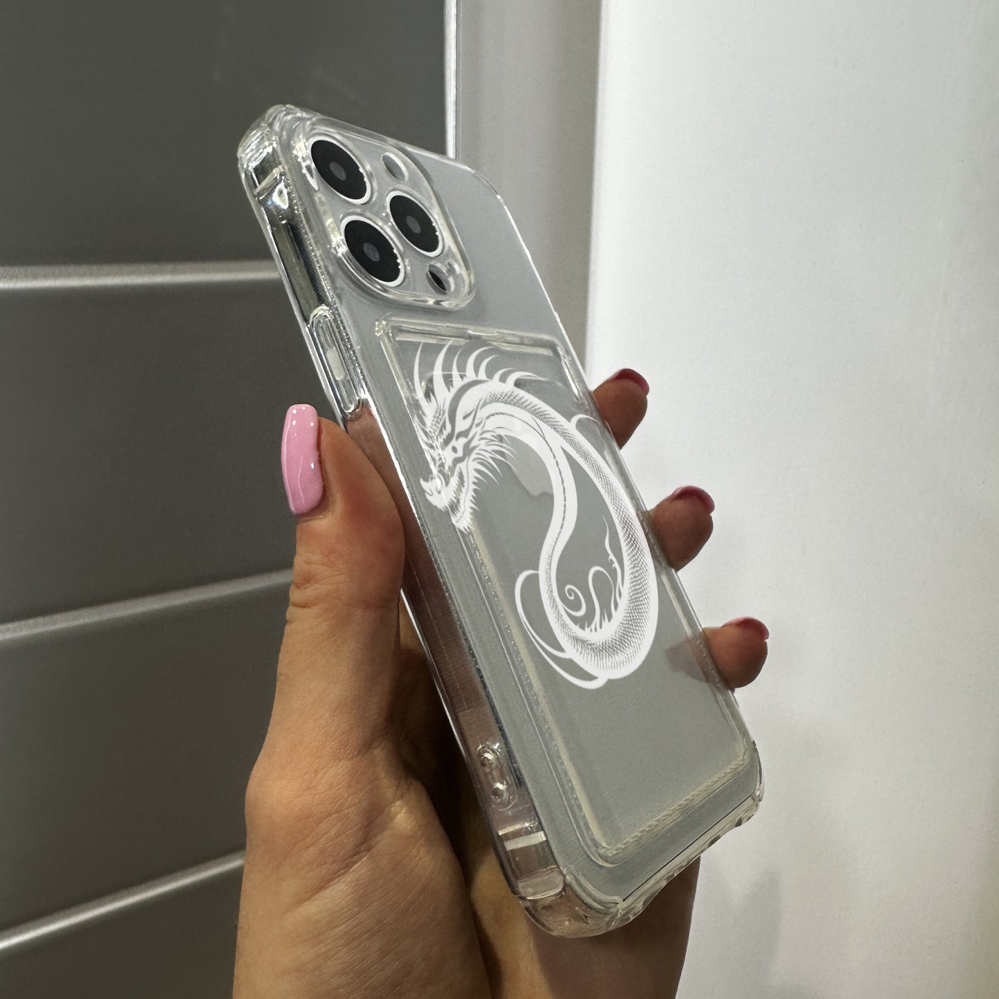 Dragon Card Holder Clear Phone Case for iPhone 17 16 15 14 13 12 11 11 Pro Max Mini 7 8 XR XS X Wallet Shockproof Phone Cover Custom Name