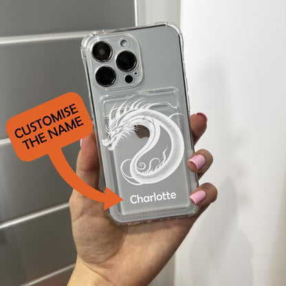 Dragon Card Holder Clear Phone Case for iPhone 17 16 15 14 13 12 11 11 Pro Max Mini 7 8 XR XS X Wallet Shockproof Phone Cover Custom Name