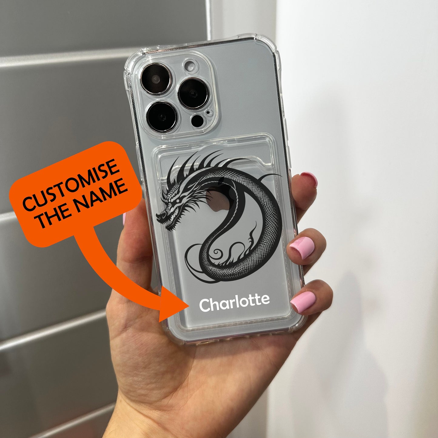 Dragon Card Holder Phone Case for iPhone 15 14 13 12 11 11 Pro Max Mini 7 8 XR XS X Wallet Shockproof Phone Cover with Customised Name