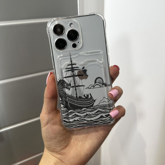 Ship Dragon Sea Card Holder Phone Case for iPhone 15 14 13 12 11 11 Pro Max Mini 7 8 XR XS X Shockproof Phone Cover with Customised Name
