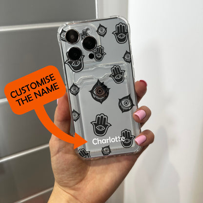 Evil Eye Protection Card Holder Phone Case for iPhone 17 15 15 14 13 12 11 11 Pro Max Mini 7 8 XR XS X Shockproof Phone Cover Custom Name