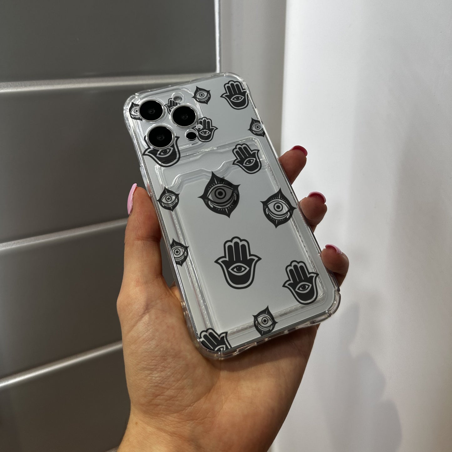 Evil Eye Protection Card Holder Phone Case for iPhone 17 15 15 14 13 12 11 11 Pro Max Mini 7 8 XR XS X Shockproof Phone Cover Custom Name