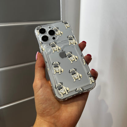 Pug Dog Card Holder Phone Case for iPhone 15 14 13 12 11 11 Pro Max Mini 7 8 XR XS X Wallet Shockproof Phone Cover with Customised Name