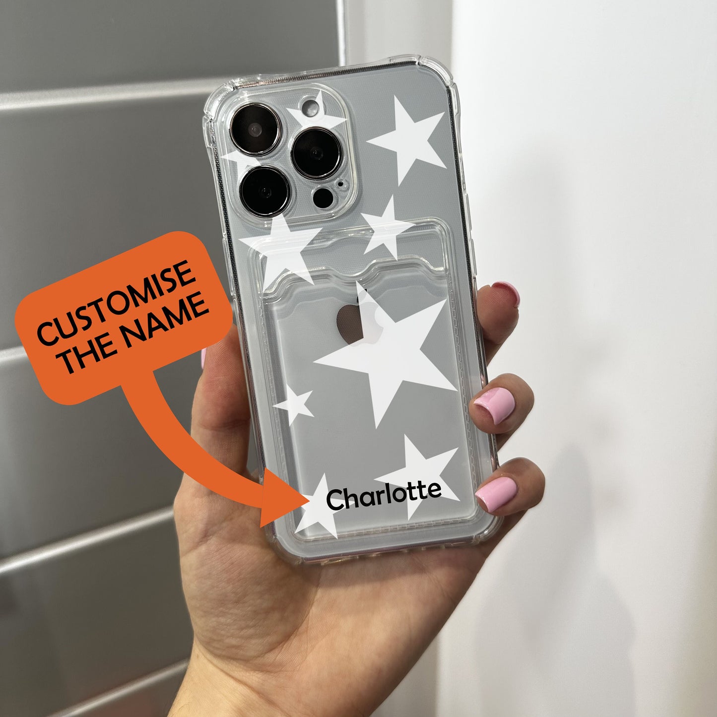 White Star Card Holder Clear Phone Case for iPhone 17 16 15 14 13 12 11 11 Pro Max Mini 7 8 XR XS X Shockproof Phone Cover Customised Name