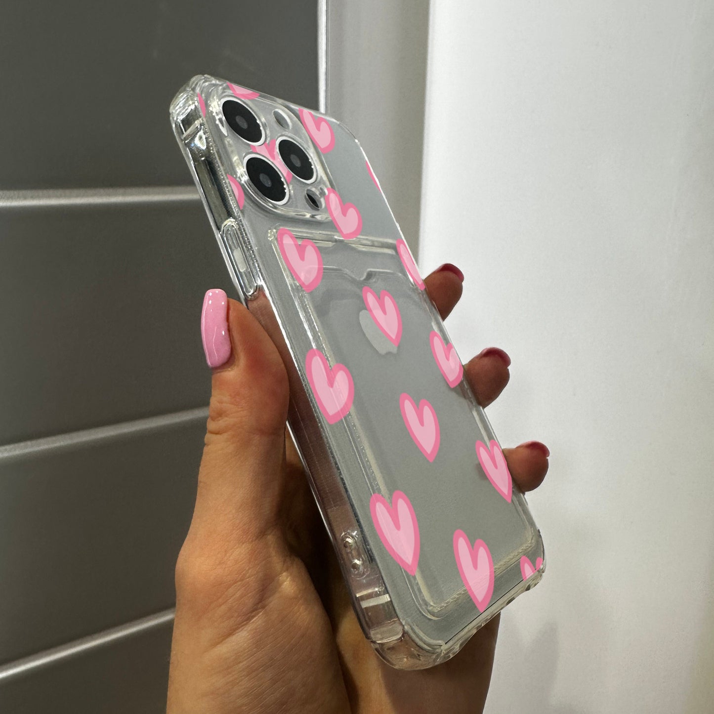 Pink Heart Cute Card Holder Phone Case for iPhone 15 14 13 12 11 11 Pro Max Mini 7 8 XR XS X Shockproof Phone Cover with Customised Name