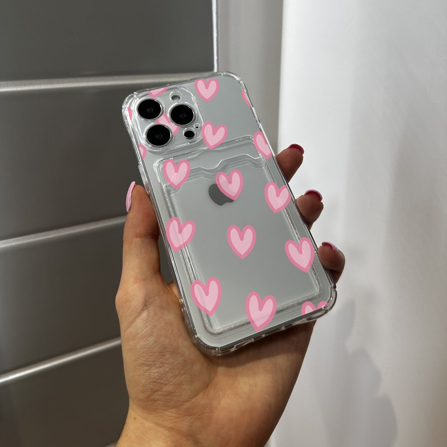 Pink Heart Cute Card Holder Phone Case for iPhone 15 14 13 12 11 11 Pro Max Mini 7 8 XR XS X Shockproof Phone Cover with Customised Name