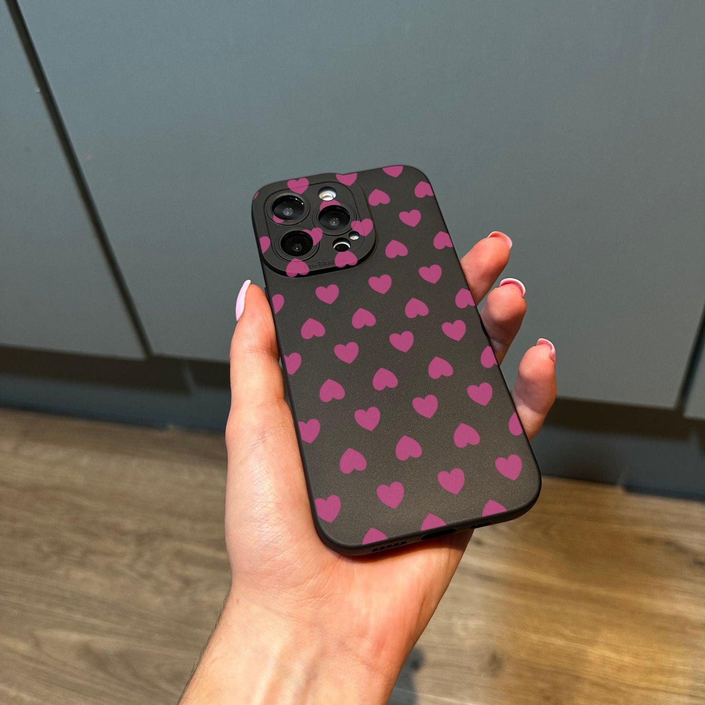 Pink Heart Pattern Black Phone Case for iPhone 15 14 13 12 11 11 Pro Max Mini 7 8 XR XS X Shockproof Phone Cover with Customised Name