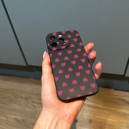 Pink Heart Pattern Black Phone Case for iPhone 15 14 13 12 11 11 Pro Max Mini 7 8 XR XS X Shockproof Phone Cover with Customised Name