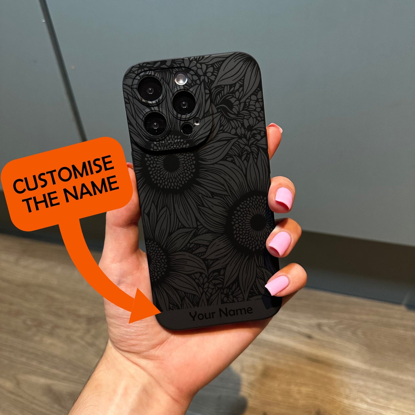 Sunflower Floral Black Phone Case for iPhone 17 16 15 14 13 12 11 11 Pro Max Mini 7 8 XR XS X Shockproof Phone Cover with Customised Name