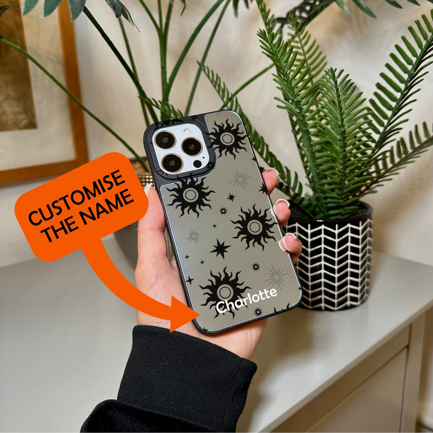 Sun and Star Mirror Phone Case for iPhone 15 14 13 12 11 11 Pro Max Mini 7 8 XR XS X Shockproof Phone Cover for Make Up with Customised Name