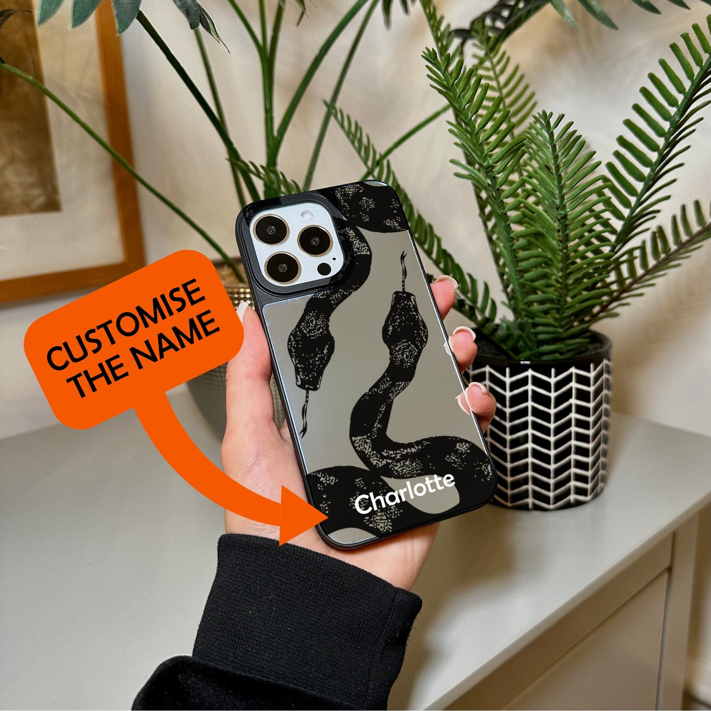 Black Snake Print Mirror Phone Case for iPhone 15 14 13 12 11 11 Pro Max Mini 7 8 XR X Shockproof Phone Cover for Make Up with Custom Name