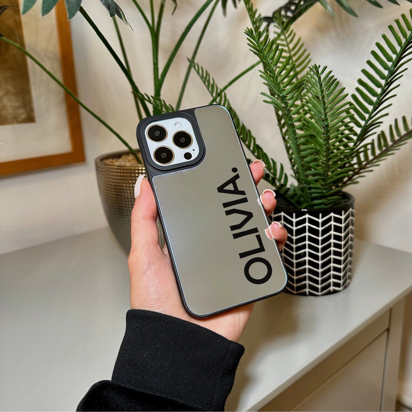 Personalised Name Mirror Phone Case with Modern Name for iPhone 15 14 13 12 11 11 Pro Max Mini 7 8 XR XS X Shockproof Phone Cover Customised