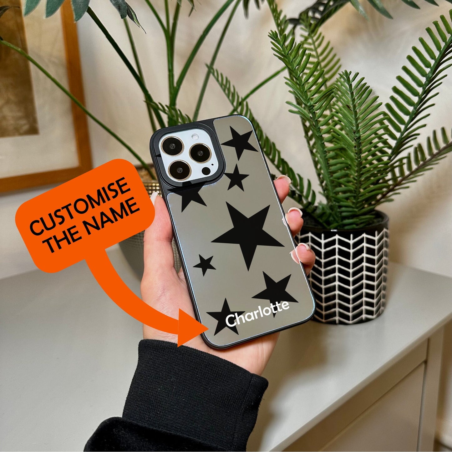 Black Star Mirror Phone Case for iPhone 15 14 13 12 11 11 Pro Max Mini 7 8 XR XS X Shockproof Phone Cover for Make Up with Customised Name