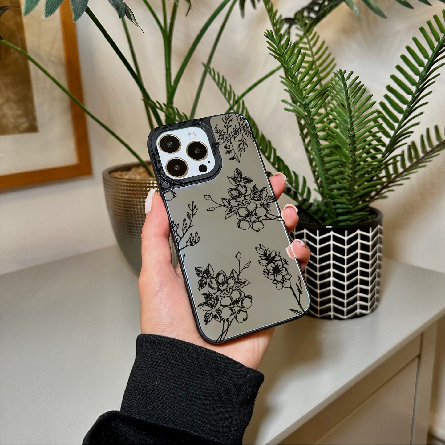 Floral Print Mirror Phone Case for iPhone 15 14 13 12 11 11 Pro Max Mini 7 8 XR XS X Shockproof Phone Cover for Make Up with Customised Name