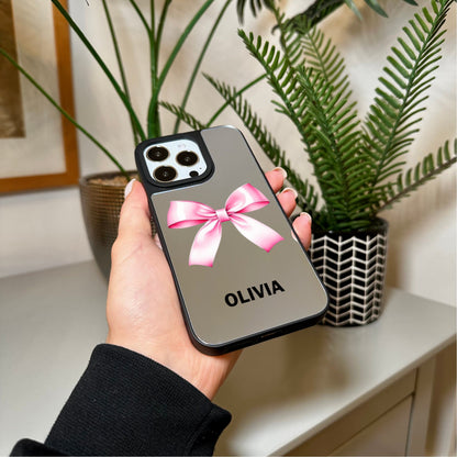Personalised Name Pink Bow Mirror Phone Case for iPhone 15 14 13 12 11 11 Pro Max Mini 7 8 XR XS X Shockproof Phone Cover With Ribbon