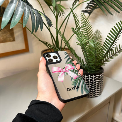 Personalised Name Pink Bow Mirror Phone Case for iPhone 15 14 13 12 11 11 Pro Max Mini 7 8 XR XS X Shockproof Phone Cover With Ribbon