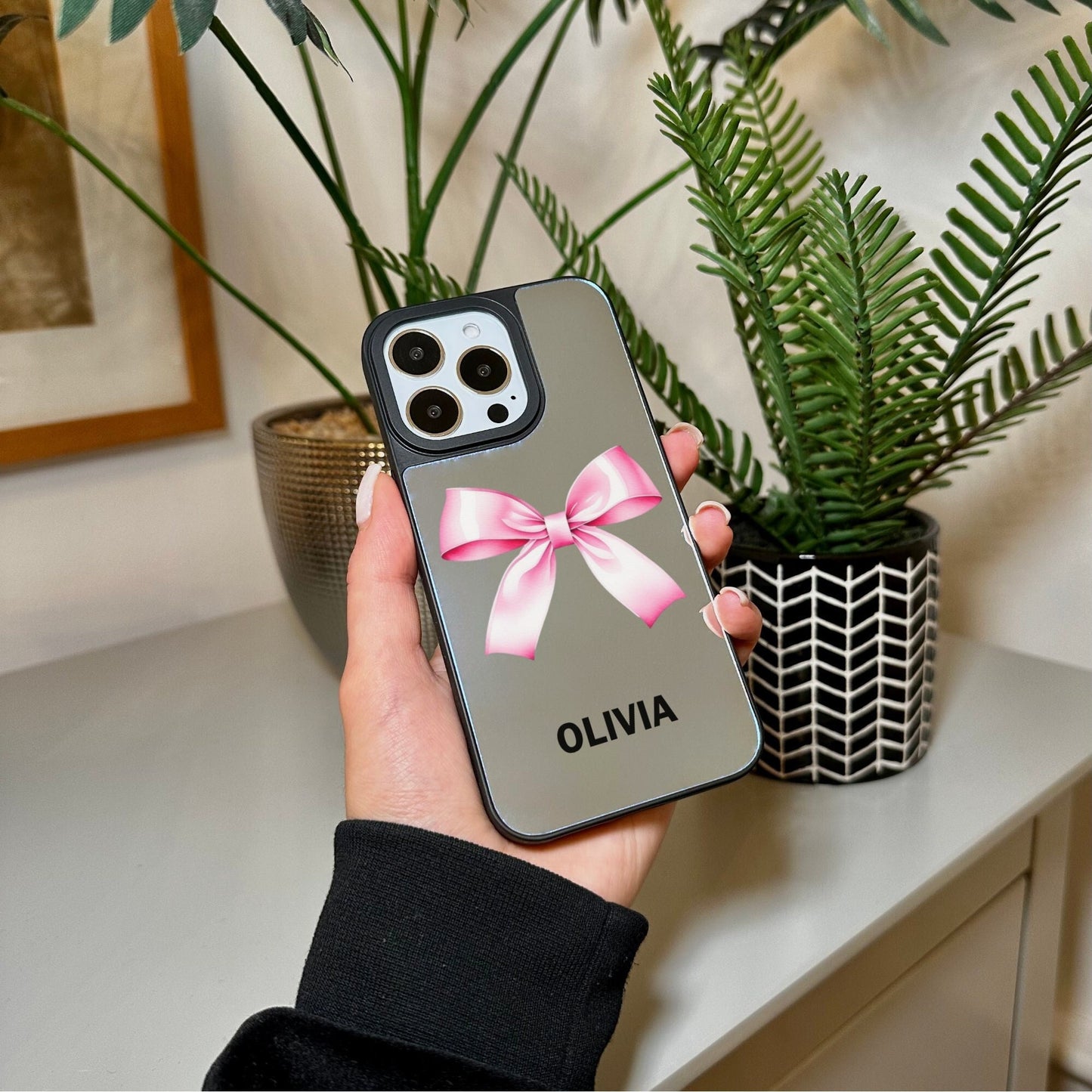 Personalised Name Pink Bow Mirror Phone Case for iPhone 15 14 13 12 11 11 Pro Max Mini 7 8 XR XS X Shockproof Phone Cover With Ribbon
