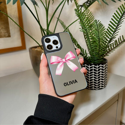 Personalised Name Pink Bow Mirror Phone Case for iPhone 15 14 13 12 11 11 Pro Max Mini 7 8 XR XS X Shockproof Phone Cover With Ribbon