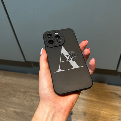 Personalised Letter Initials Black Phone Case with Floral Print for iPhone 17 16 15 14 13 12 11 Pro Max Mini 7 8 XR X Shockproof Phone Cover