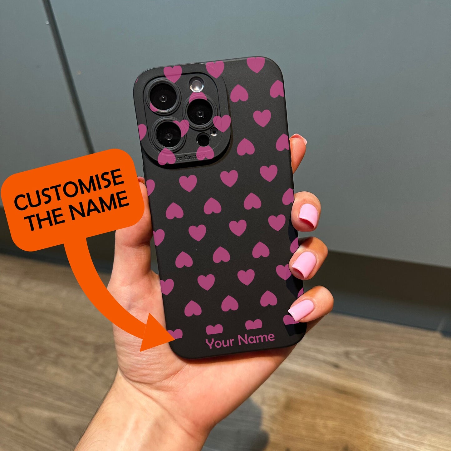 Pink Heart Pattern Black Phone Case for iPhone 15 14 13 12 11 11 Pro Max Mini 7 8 XR XS X Shockproof Phone Cover with Customised Name