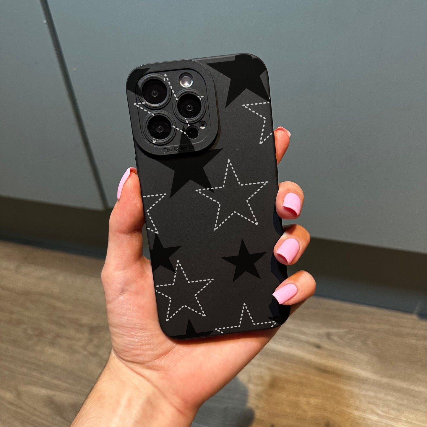 Star Pattern Black Phone Case for iPhone 15 14 13 12 11 11 Pro Max Mini 7 8 XR XS X Shockproof Phone Cover with Customised Name
