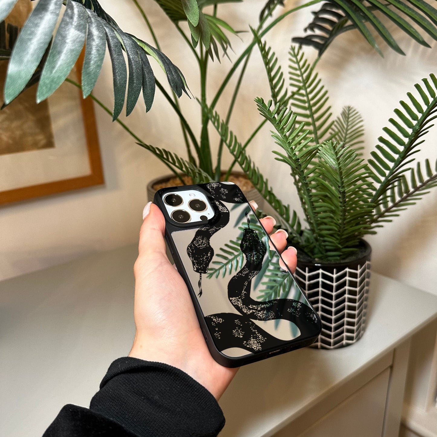 Black Snake Print Mirror Phone Case for iPhone 15 14 13 12 11 11 Pro Max Mini 7 8 XR X Shockproof Phone Cover for Make Up with Custom Name