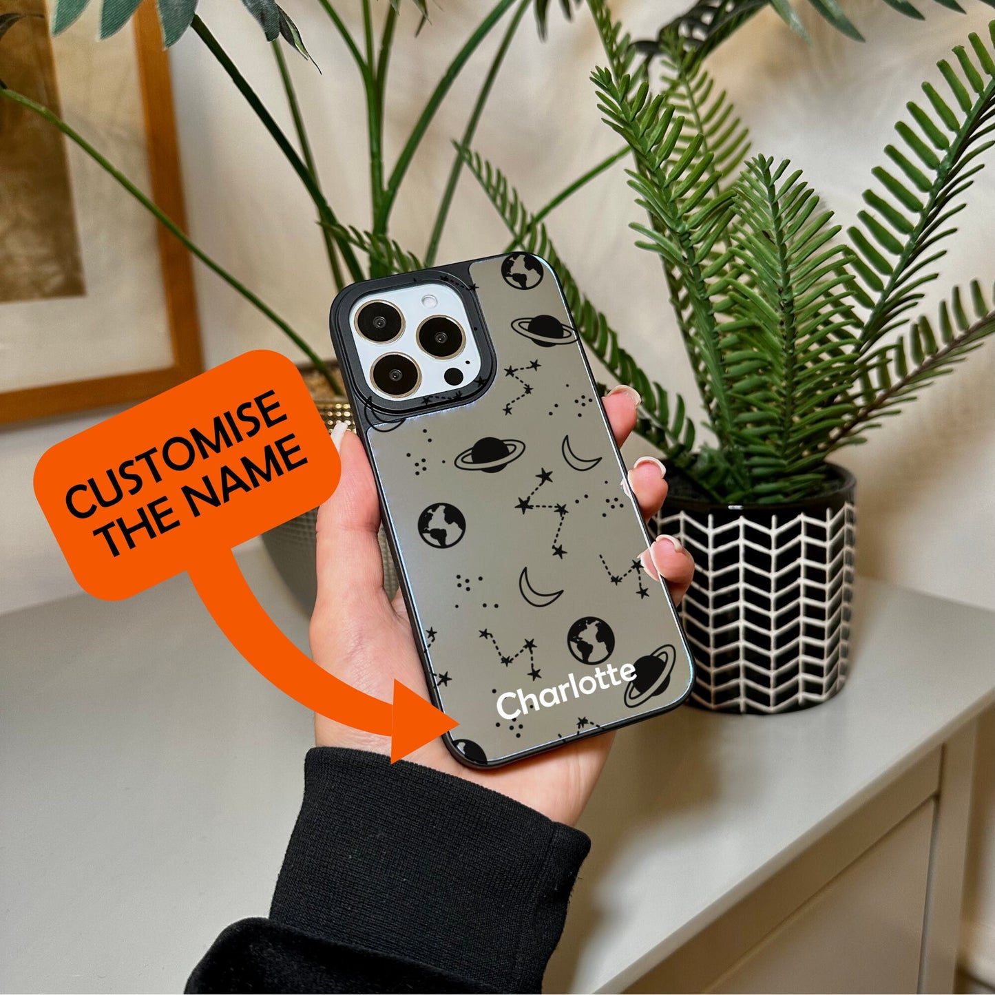 Space Star Theme Mirror Phone Case for iPhone 15 14 13 12 11 11 Pro Max Mini 7 8 XR XS X Shockproof Phone Cover for Make Up with Custom Name