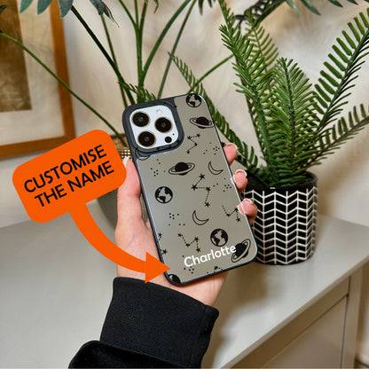 Space Star Theme Mirror Phone Case for iPhone 15 14 13 12 11 11 Pro Max Mini 7 8 XR XS X Shockproof Phone Cover for Make Up with Custom Name