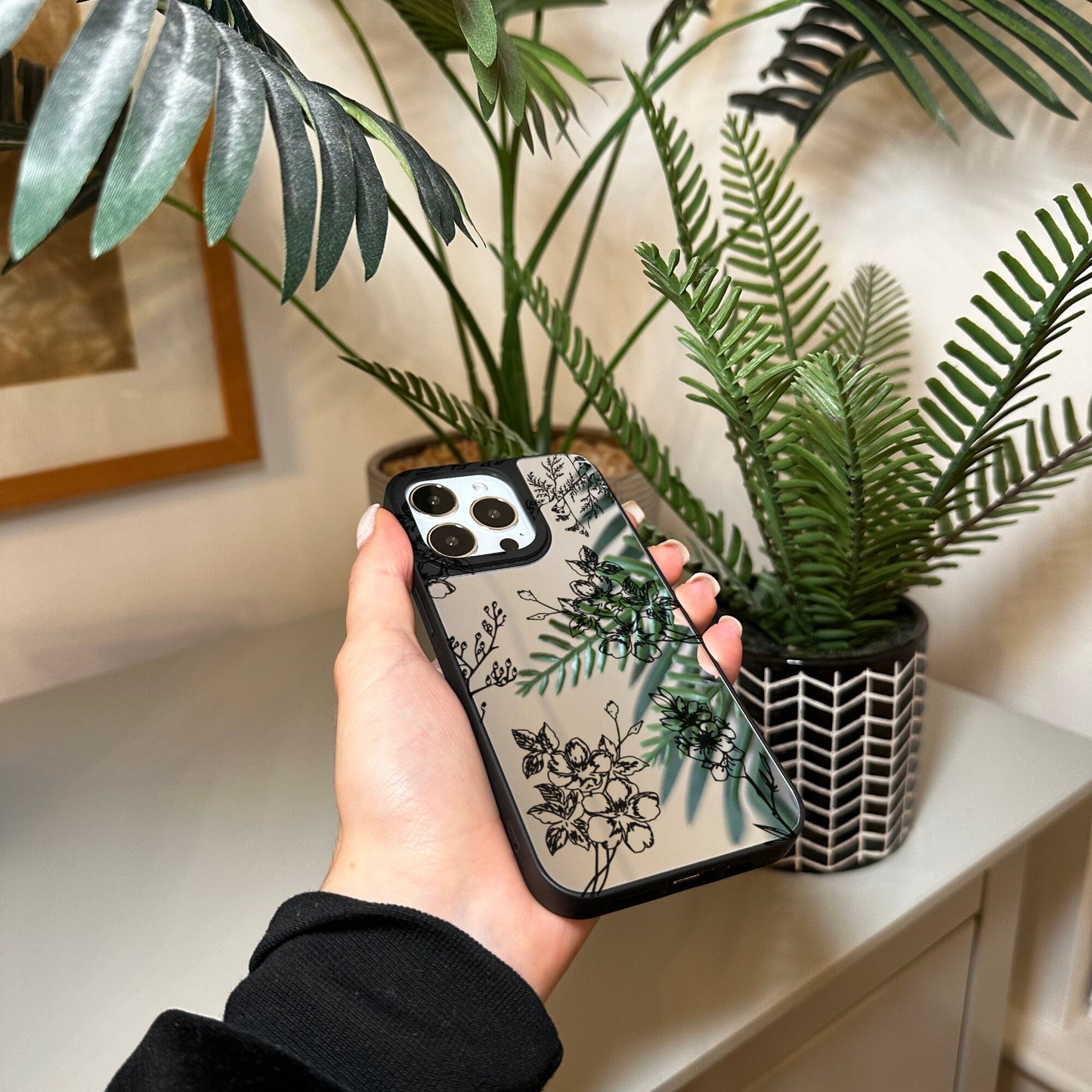 Floral Print Mirror Phone Case for iPhone 15 14 13 12 11 11 Pro Max Mini 7 8 XR XS X Shockproof Phone Cover for Make Up with Customised Name