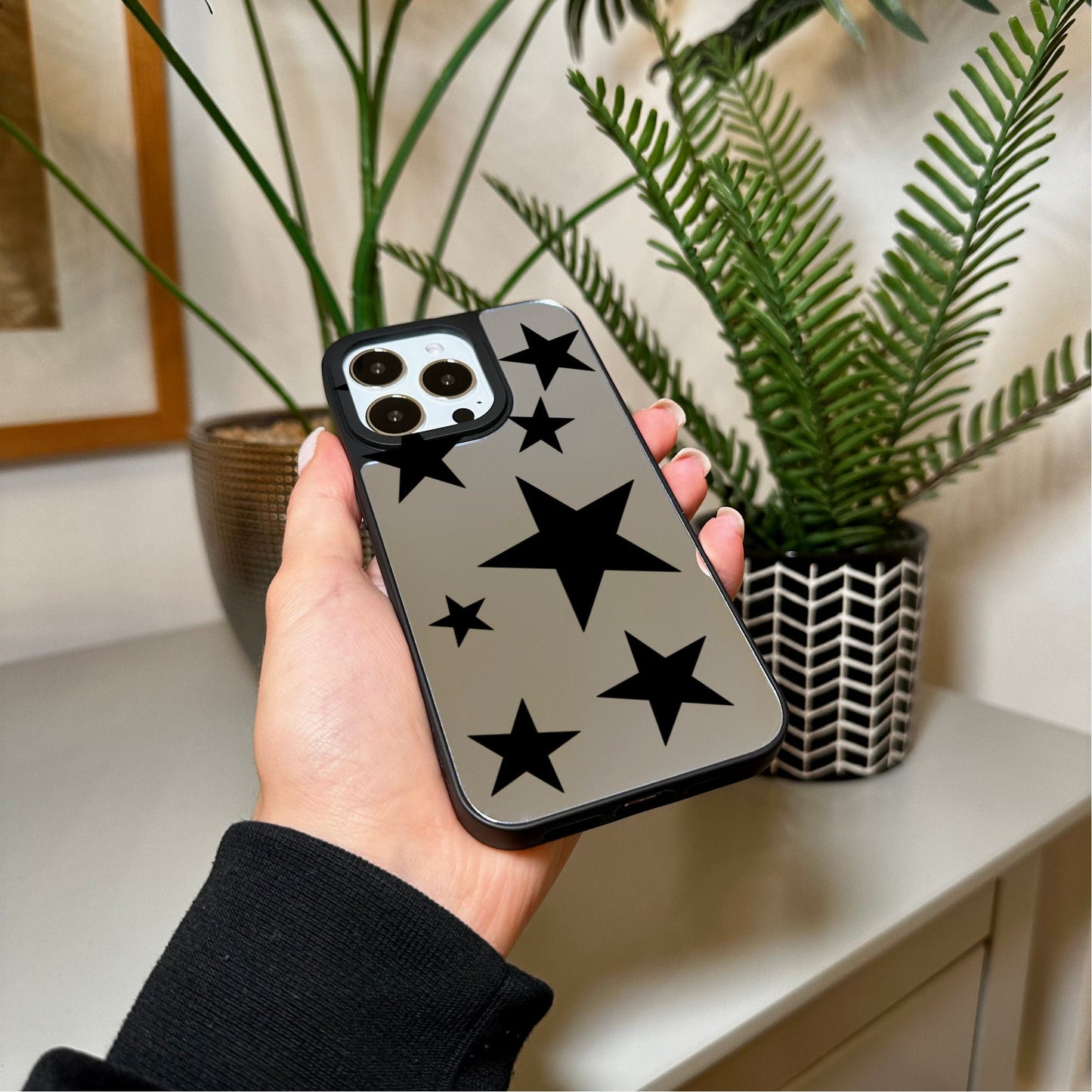 Black Star Mirror Phone Case for iPhone 15 14 13 12 11 11 Pro Max Mini 7 8 XR XS X Shockproof Phone Cover for Make Up with Customised Name