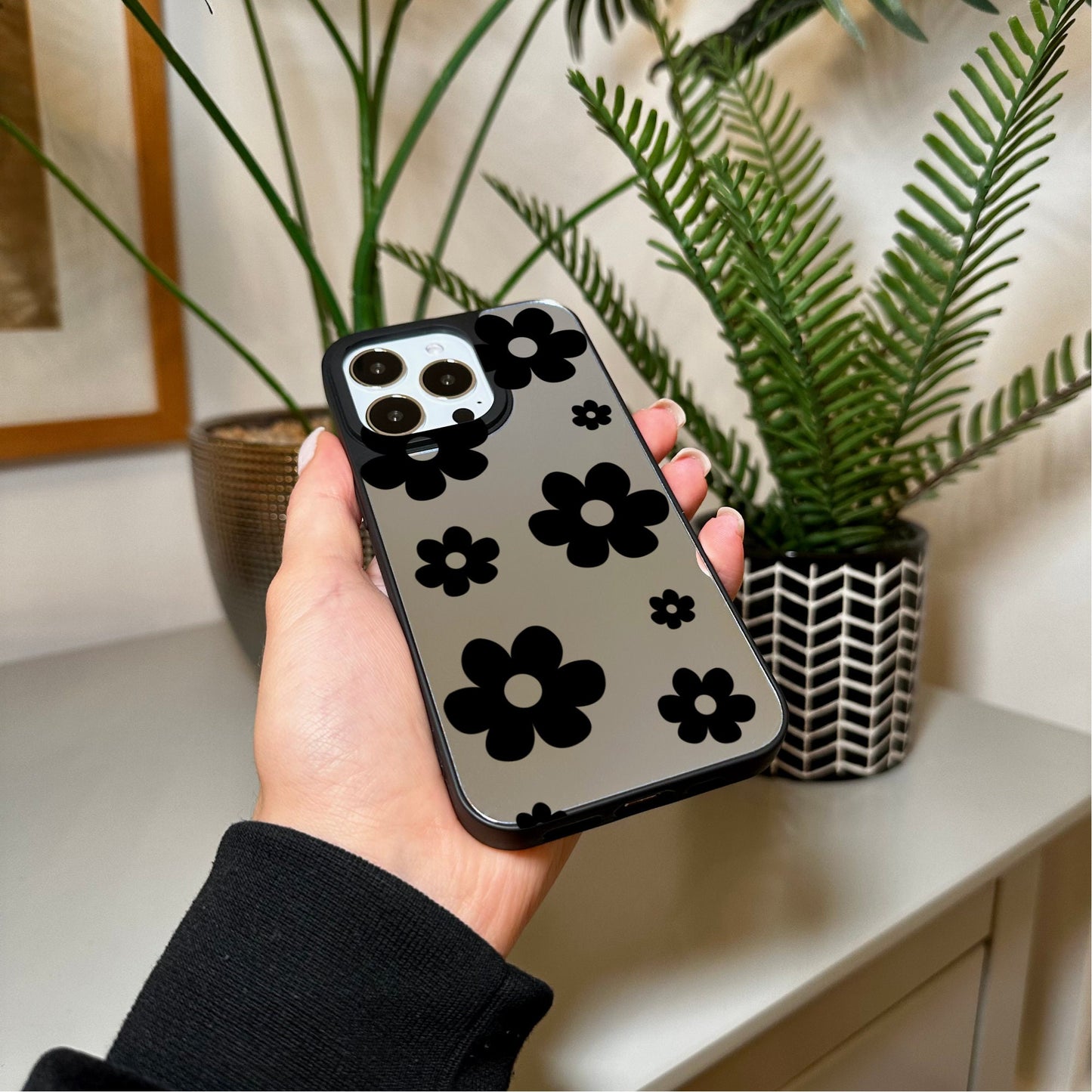 Floral Print Mirror Phone Case for iPhone 15 14 13 12 11 11 Pro Max Mini 7 8 XR XS X Shockproof Phone Cover for Make Up with Customised Name