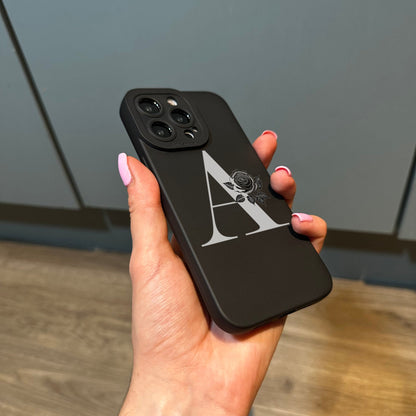 Personalised Letter Initials Black Phone Case with Floral Print for iPhone 17 16 15 14 13 12 11 Pro Max Mini 7 8 XR X Shockproof Phone Cover