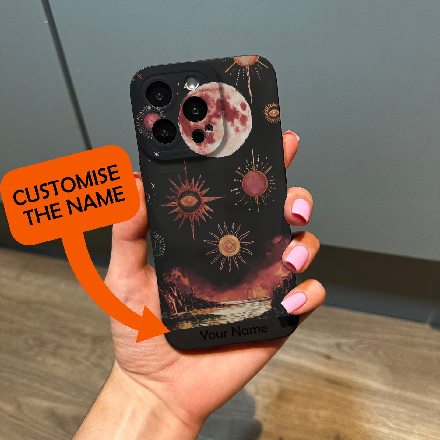 Sun Star Eye Moon Black Phone Case for iPhone 17 16 15 14 13 12 11 11 Pro Max Mini 7 8 XR XS X Shockproof Phone Cover with Customised Name