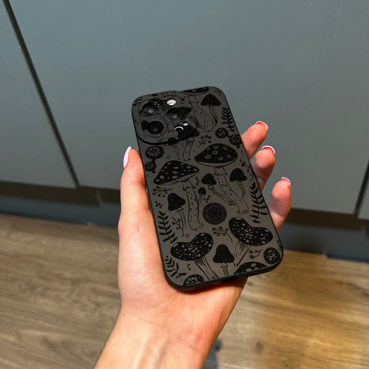 Black Mushroom Doodle Print Phone Case for iPhone 17 16 15 14 13 12 11 11 Pro Max Mini 7 8 XR XS X Shockproof Phone Cover Customised Name