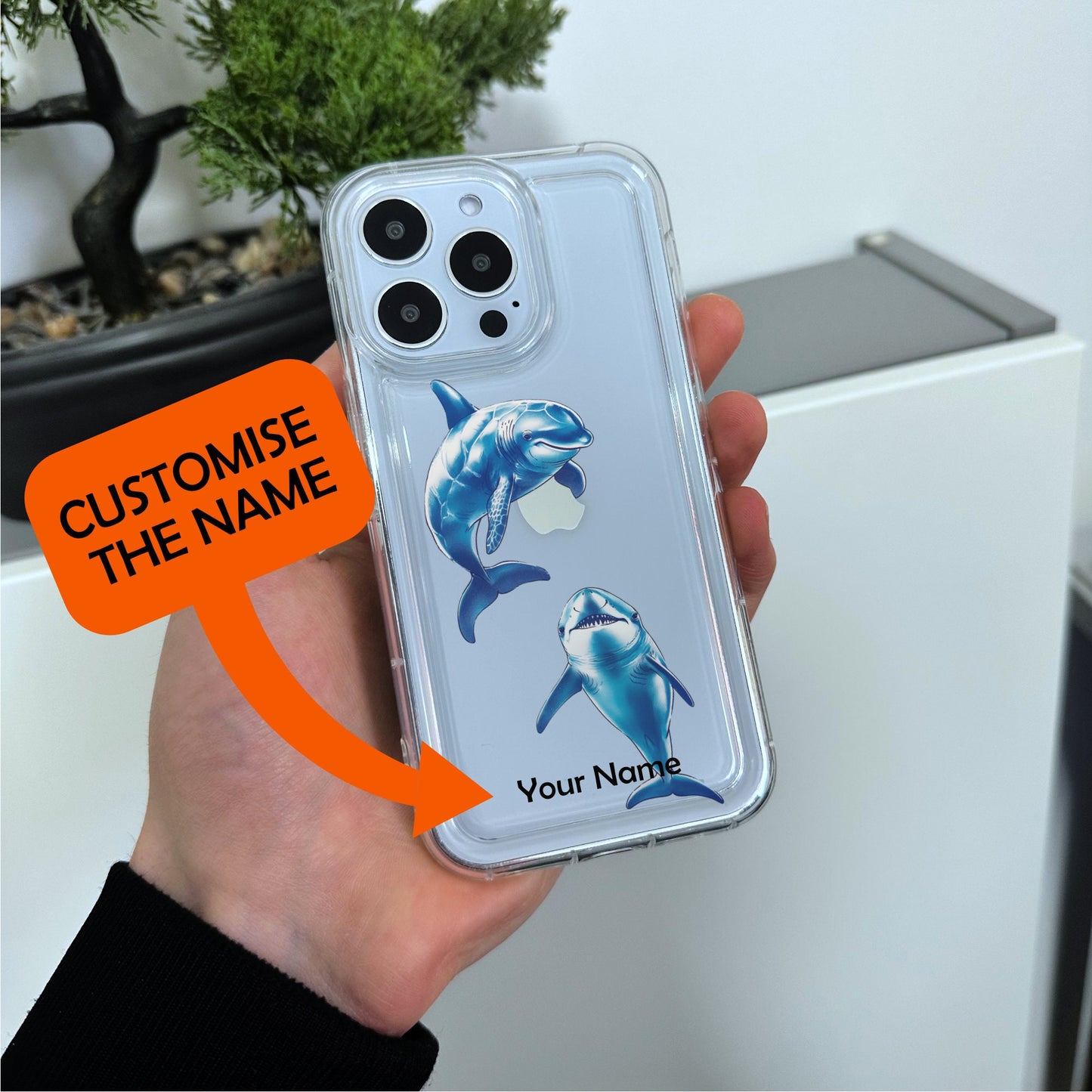 Clear Shark Print Phone Case for iPhone 15 14 13 12 11 11 Pro Max Mini 7 8 XR XS X Shockproof Silicone Phone Cover with Custom Name