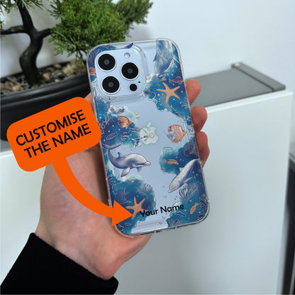 Fish Sealife Clear Phone Case for iPhone 15 14 13 12 11 11 Pro Max Mini 7 8 XR XS X Shockproof Silicone Phone Cover with Custom Name