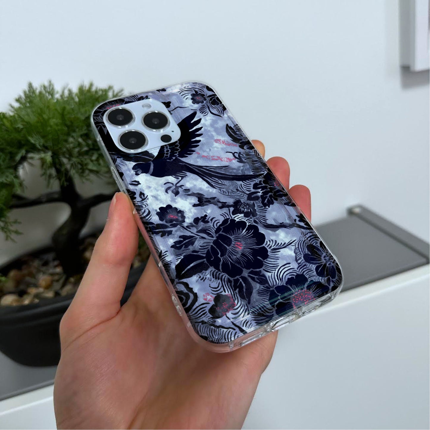 Floral Bird Print Pastel Phone Case for iPhone 15 14 13 12 11 11 Pro Max Mini 7 8 XR XS X Shockproof Silicone Phone Cover with Custom Name