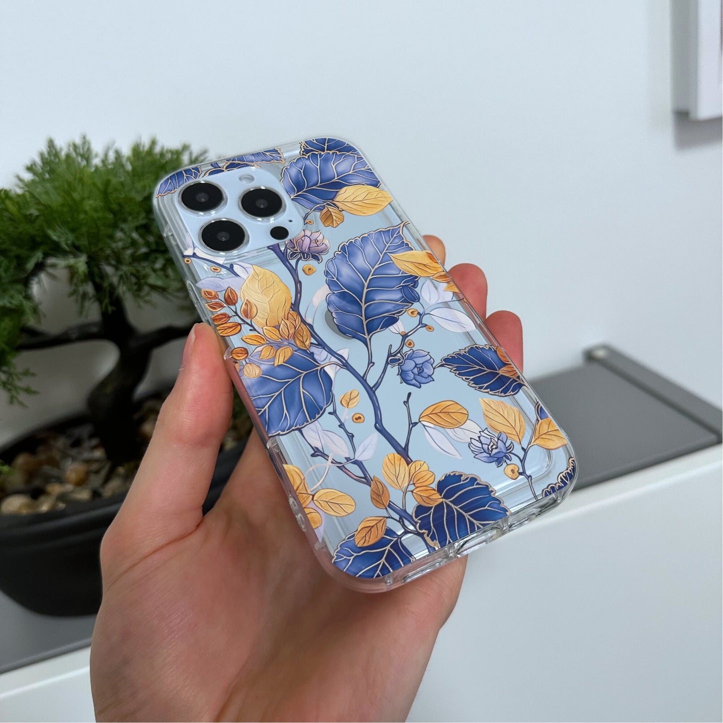 Gold Leaf Pattern Clear Phone Case for iPhone 15 14 13 12 11 11 Pro Max Mini 7 8 XR XS Shockproof Silicone Phone Cover with Custom Name