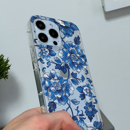 Blue Vintage Floral Clear Phone Case for iPhone 15 14 13 12 11 11 Pro Max Mini 7 8 XR X Shockproof Silicone Phone Cover with Custom Name