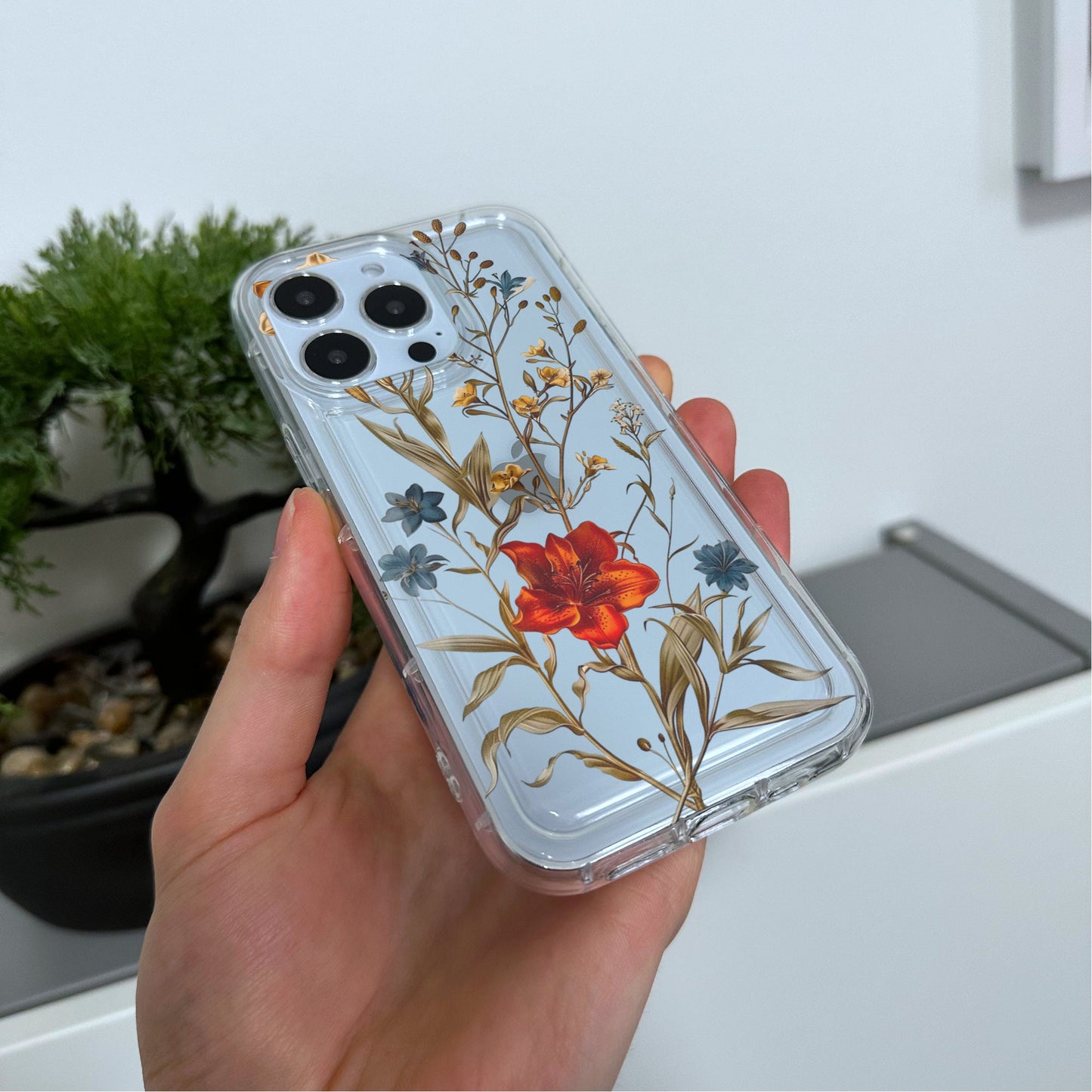 Pressed Flower Print Clear Phone Case for iPhone 15 14 13 12 11 11 Pro Max Mini 7 8 XR XS X Shockproof Silicone Phone Cover with Custom Name