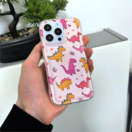 Pink Cute Dinosaur Print Phone Case for iPhone 15 14 13 12 11 11 Pro Max Mini 7 8 XR XS X Shockproof Silicone Phone Cover with Custom Name