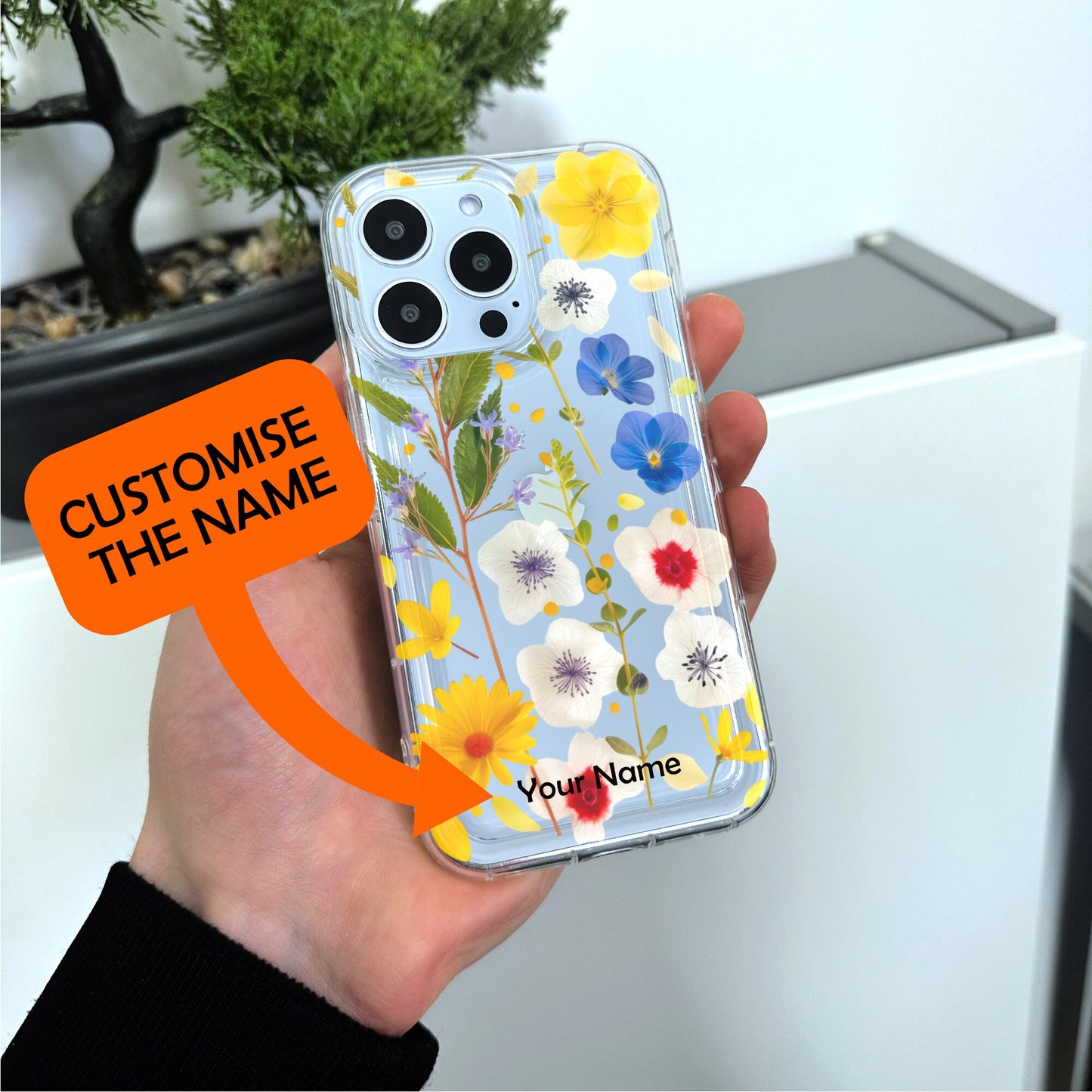 Pressed Flower Print Clear Phone Case for iPhone 15 14 13 12 11 11 Pro Max Mini 7 8 XR XS X Shockproof Silicone Phone Cover with Custom Name