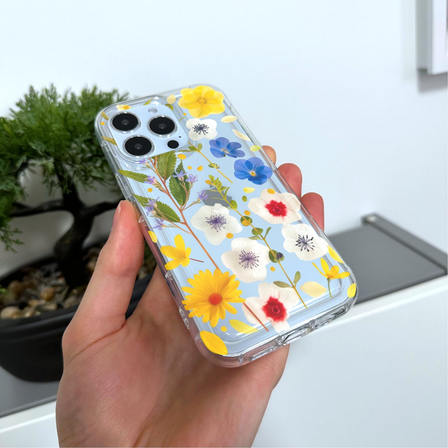 Pressed Flower Print Clear Phone Case for iPhone 15 14 13 12 11 11 Pro Max Mini 7 8 XR XS X Shockproof Silicone Phone Cover with Custom Name